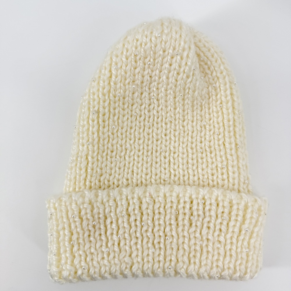 Cream Knit Beanie with Pearls Winter Warm Hat Womens Beanie One Size Preppy Cute - Picture 7 of 9